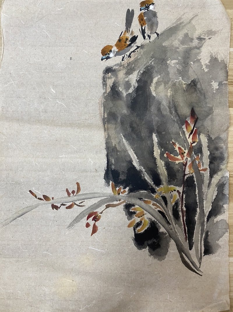 花や鳥の水墨画 - ポスター・絵 - 紙 カーキ