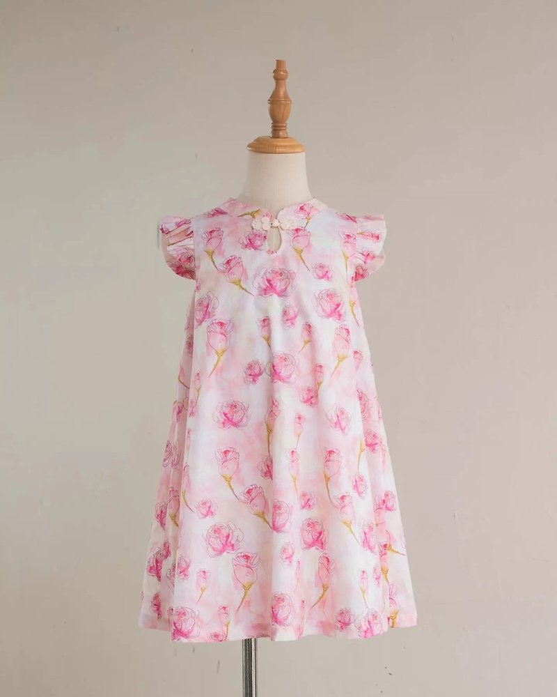 Improved version A girls' pink floral cheongsam - Skirts - Cotton & Hemp Pink