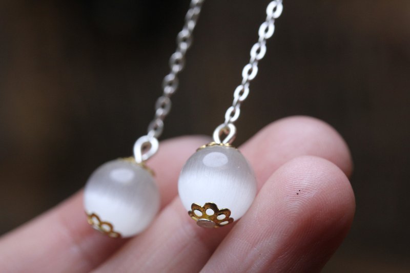 長款白貓眼石  耳環女氣質 仙女款貓眼石  簡約小巧耳墜 - 項鍊 - 玉石 白色