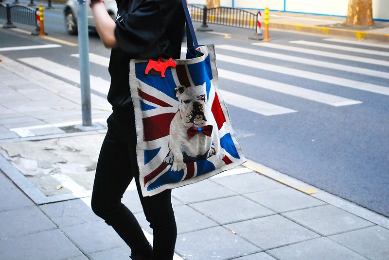 Original hand-made bow tie bulldog shoulder bag | mother and baby bag | travel bag | gym bag | cowhide bag - Messenger Bags & Sling Bags - Genuine Leather Blue