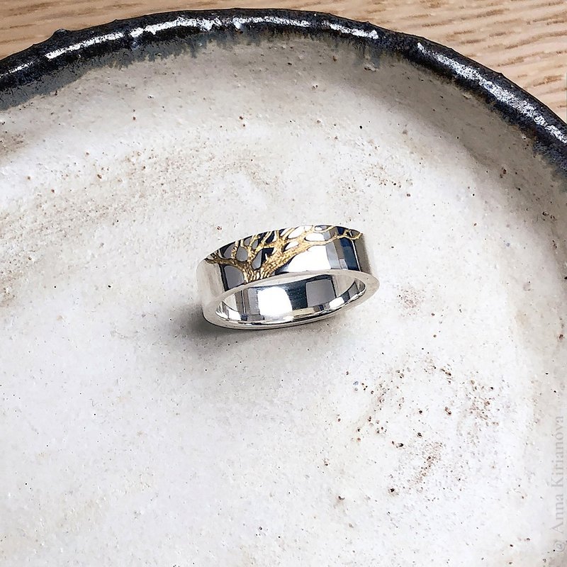 Gold Tree of Life Ring (polished surface) - 戒指 - 純銀 銀色