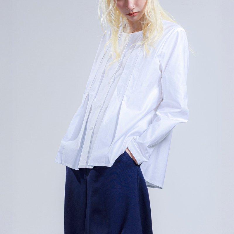 前抓褶開襟圓領襯衫 - 女襯衫 - 其他材質 白色