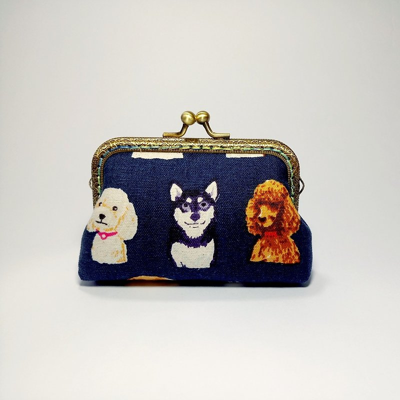 [Doggie Illustrated Book-Blue] Gold-mouthed Coin Purse Clutch - กระเป๋าคลัทช์ - ผ้าฝ้าย/ผ้าลินิน สีน้ำเงิน