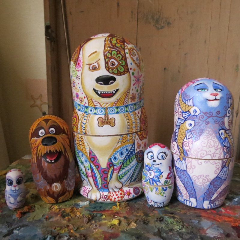 Fantasy animals matryoshka 5 wooden nesting dolls art painted - 寶寶/兒童玩具/玩偶 - 木頭 多色