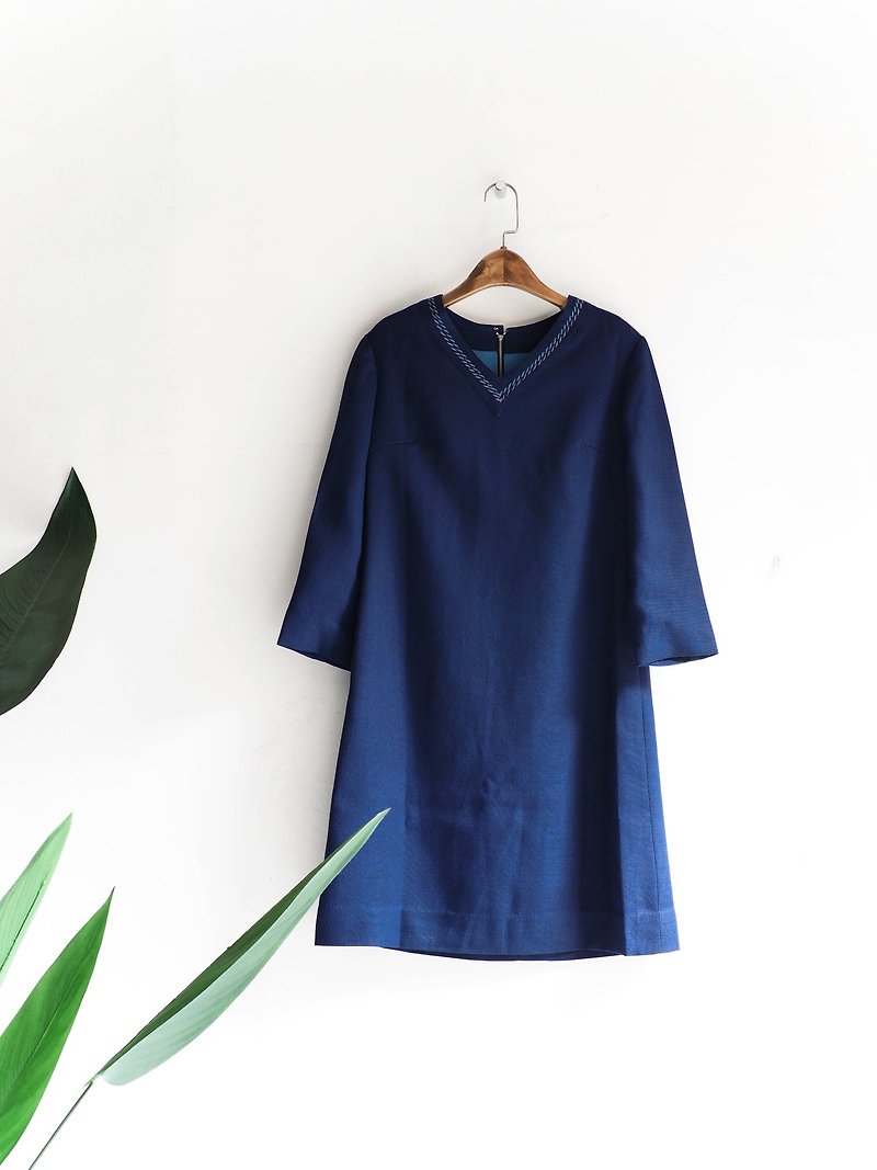 River Water - Osaka deep blue classic plain youth Letters antique linen dress skirts overalls oversize vintage dress - One Piece Dresses - Cotton & Hemp Blue