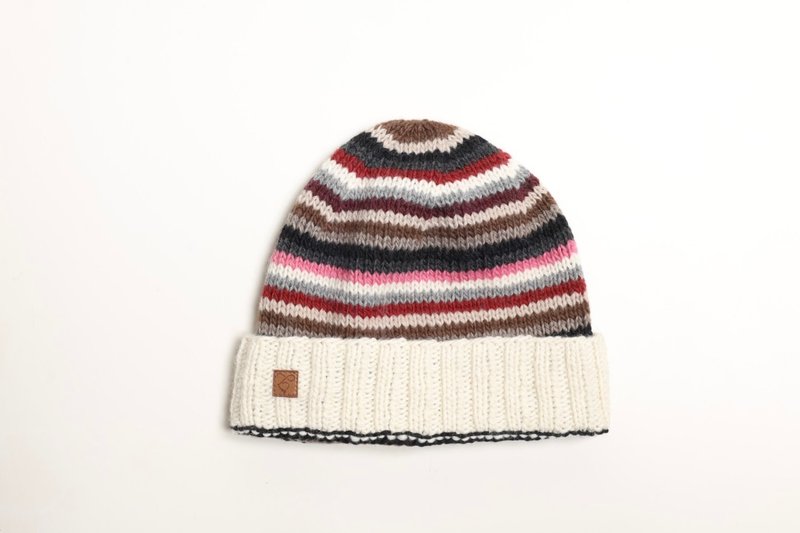 /戶外/白咖橫條紋配色雙面翻邊堆堆帽細軟純美麗諾羊毛帽反針織法 - 帽子 - 羊毛 白色