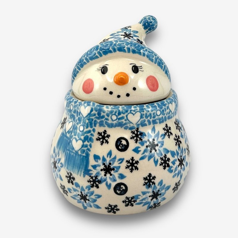 Polish hand-painted handmade pottery-snowman storage jar (small) 15cm Christmas Snowflake Series (blue) entry-level model - กล่องเก็บของ - ดินเผา สีน้ำเงิน