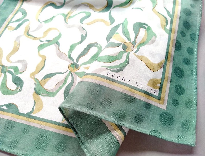 Perry Ellis Vintage Scarf Women Scarf Woven Fabric Ribbons 21 x 20  inches - Handkerchiefs & Pocket Squares - Cotton & Hemp Green