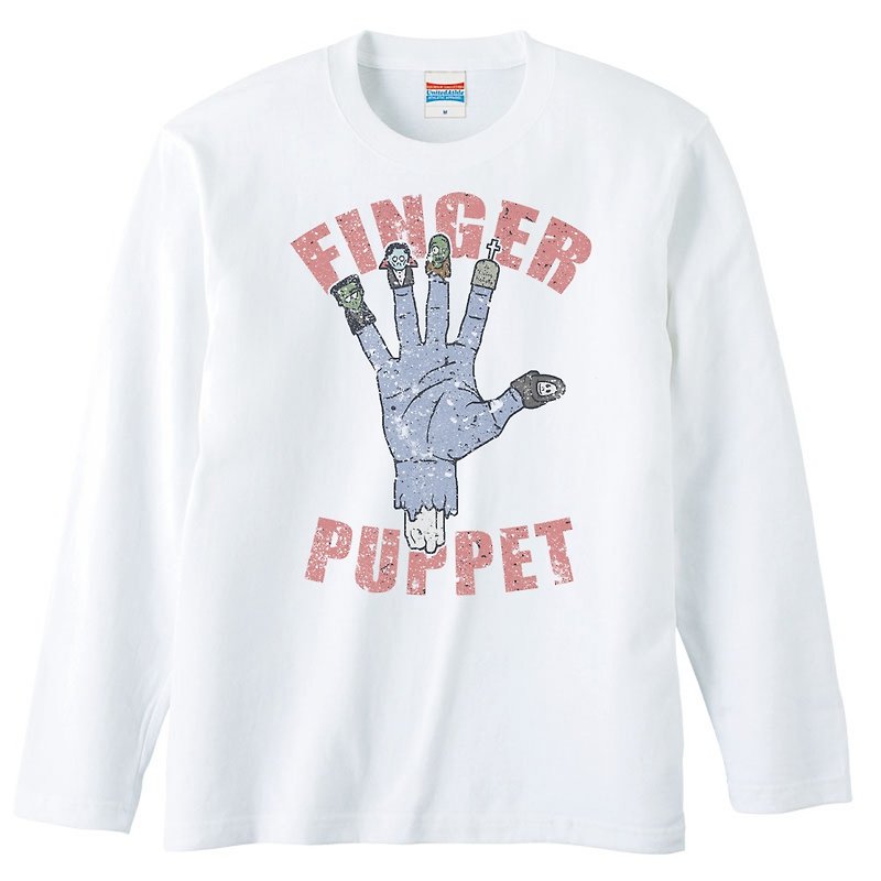 Long sleeve T shirt / finger puppet - เสื้อยืดผู้ชาย - ผ้าฝ้าย/ผ้าลินิน ขาว
