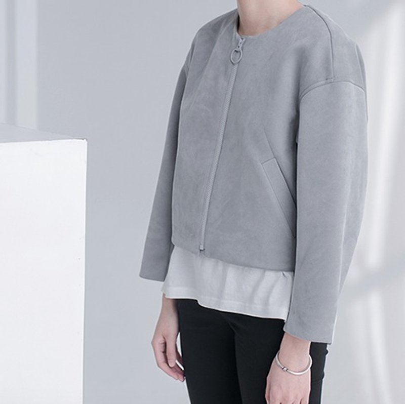 ] [Light gray three-dimensional cut deconstructed suede jacket custom ring off the shoulder waist Slim models zipper Two colors | Fan Tata independent design Women - เสื้อแจ็คเก็ต - วัสดุอื่นๆ สีเทา