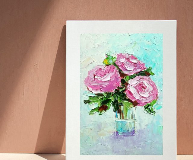 ピンクのバラの花束のオリジナル絵画、花のアートワーク、小さな壁
