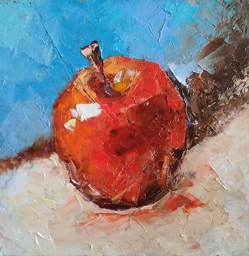 ColoredCatsArt Red Apple Original Painting, Kitchen Small Still Life, Fruit Wall Art, Food Art