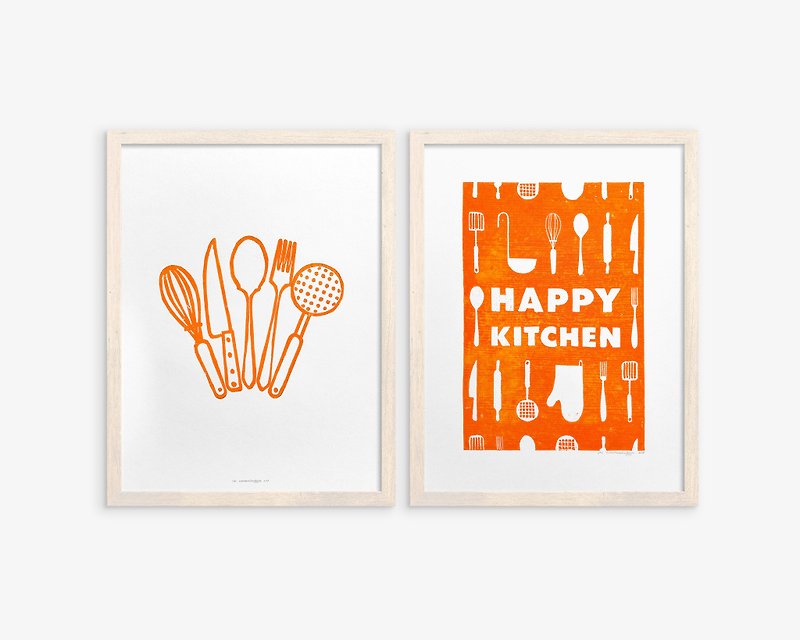 Orange utensils pattern Happy kitchen sign Gallery wall set of 2 Linocut prit - Posters - Paper Orange