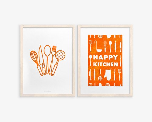 daashart Orange utensils pattern Happy kitchen sign Gallery wall set of 2 Linocut prit