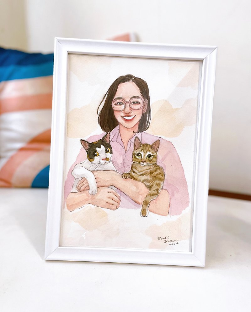 People Portrait/A4/Three People/Family Portrait/With Furry Child/ - Customized Portraits - Paper Multicolor