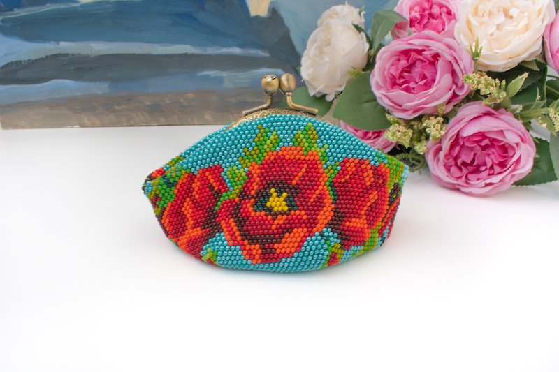 Beaded coin purse Kiss lock coin purse Poppy wallet Kisslock pouch Clasp wallet - Coin Purses - Other Materials Blue