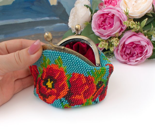 Beaded coin purse Kiss lock coin purse Orange wallet Kisslock pouch Clasp  wallet - Shop BagsArtDeco Coin Purses - Pinkoi