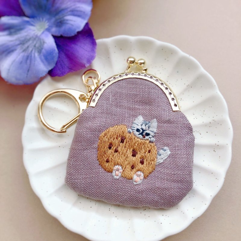 Cookie and Cat Embroidered Mini Coin Case - Coin Purses - Thread Brown