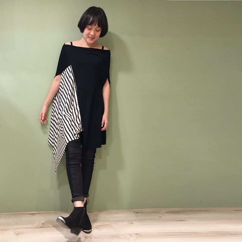 top Square vertical cut staggered top (can be changed by one word collar/V-neck drape/shoulder)-black and stripes - เสื้อผู้หญิง - ผ้าฝ้าย/ผ้าลินิน สีดำ