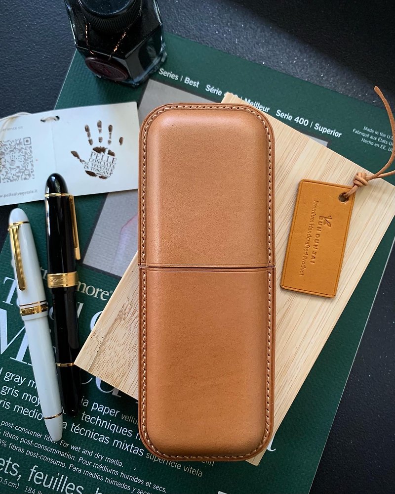 真皮 筆筒/筆座 咖啡色 - 2 slots pen case in cigar case style