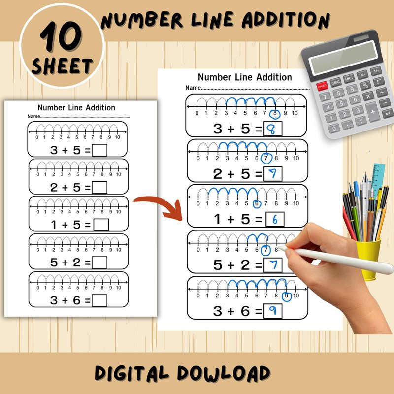 Number Line Addition Worksheets Kindergarten First Grade Math - 其他數位商品 - 其他材質 