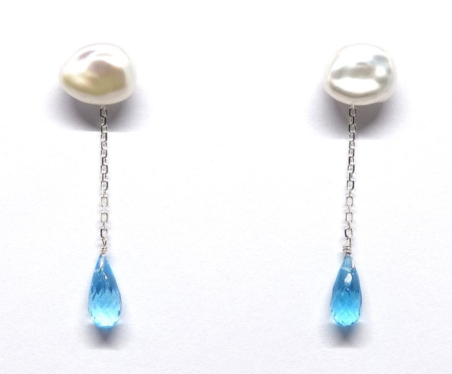 SV925雨雲真珠ブルートパーズブリオレットピアス【Pio by Parakee】baroque pearl blue topaz - 設計館Pio  by Parakee 耳環/耳夾/耳骨夾- Pinkoi