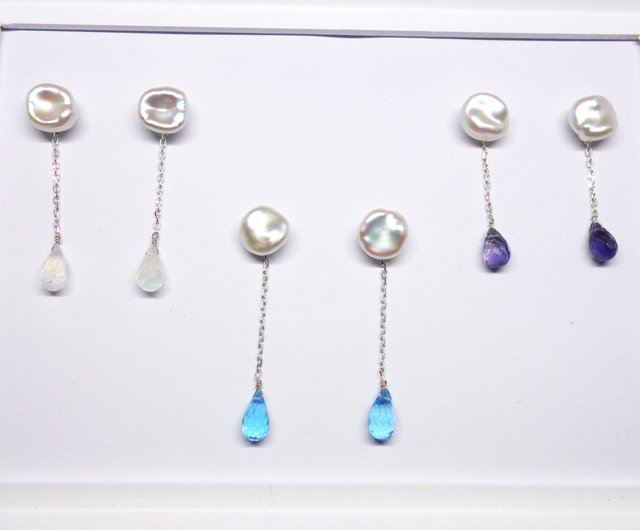 SV925雨雲真珠ブルートパーズブリオレットピアス【Pio by Parakee】baroque pearl blue topaz - 設計館Pio  by Parakee 耳環/耳夾/耳骨夾- Pinkoi