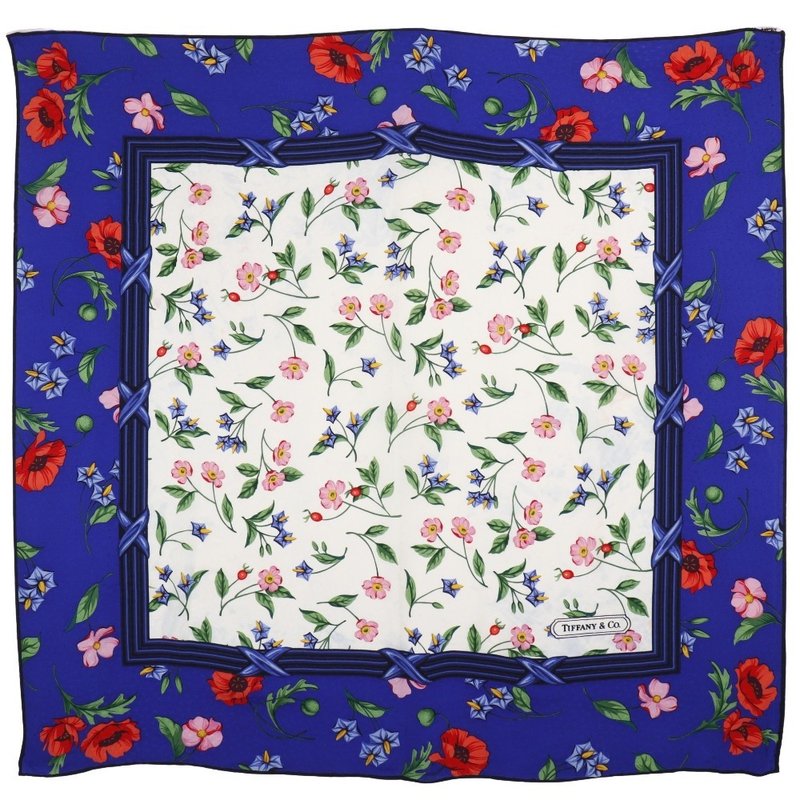 【日本直送】ティファニー TIFFANY&Co. 花柄 スカーフ T DESIGN ヴィンテージ シルク 青/白 フラワー レディース【中古】 - 絲巾 - 絲．絹 藍色