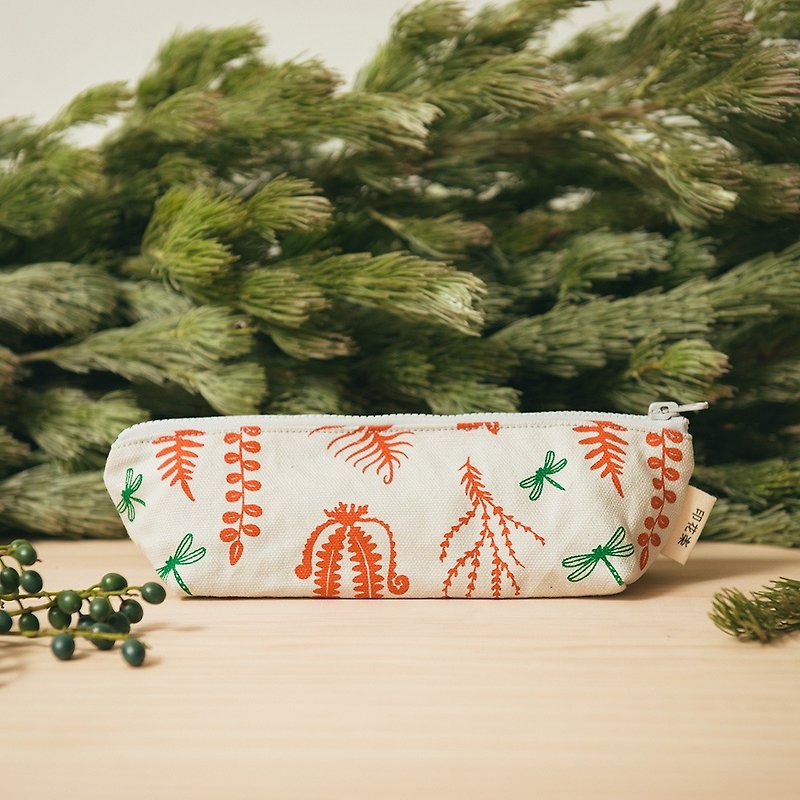 Pencil Case / Weeds and Dragonfly / Red Brick - Pencil Cases - Cotton & Hemp Red