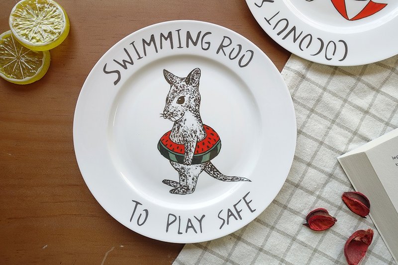 Swimmg Roo Kangaroo Swim Ring Porcelain Plate (Bone China Plate) - Plates & Trays - Porcelain Red