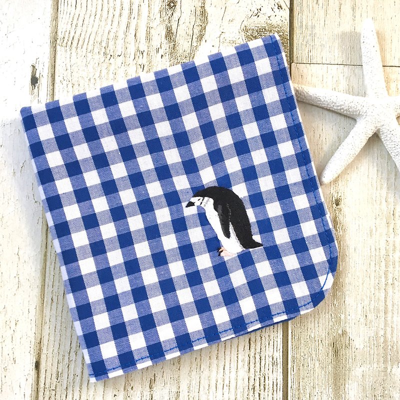 Cotton & Hemp Other Blue - Chinstrap penguin embroidered gauze handkerchief