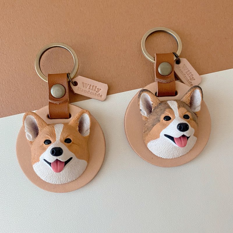 Q version Corgi leather key ring / two styles [free engraving English characters] - Keychains - Resin Brown