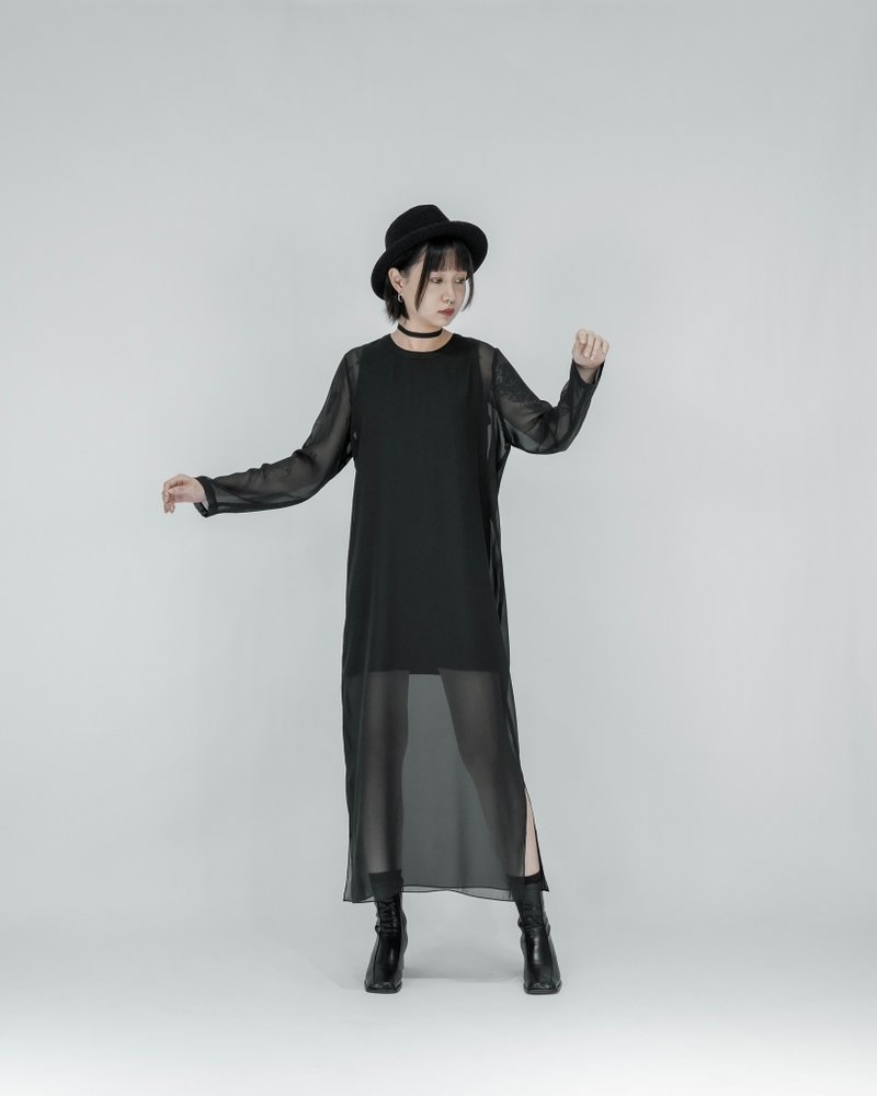 MUKK DESIGN 假兩件透視雪紡洋裝-短款 - 洋裝/連身裙 - 聚酯纖維 黑色