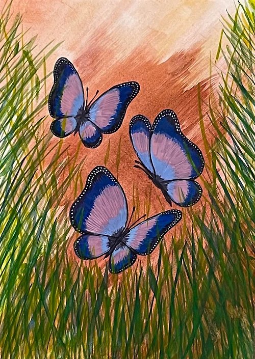 vernissage-VG-galery Cheerful dancing butterflies in green grass. Watercolor.