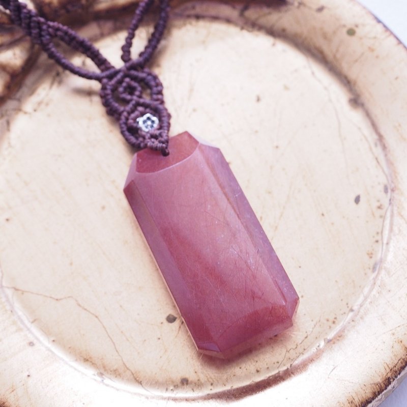 少見大顆紅髮晶 兔毛水晶 蠟線編織項鍊 Red Rutile Quartz - 長項鍊 - 水晶 紅色
