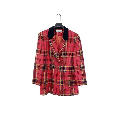 蘿綺莉蕾芭索 二手 紅色 彩色格紋 毛料 拼接 口袋 寬版 外套 大衣 OPME12