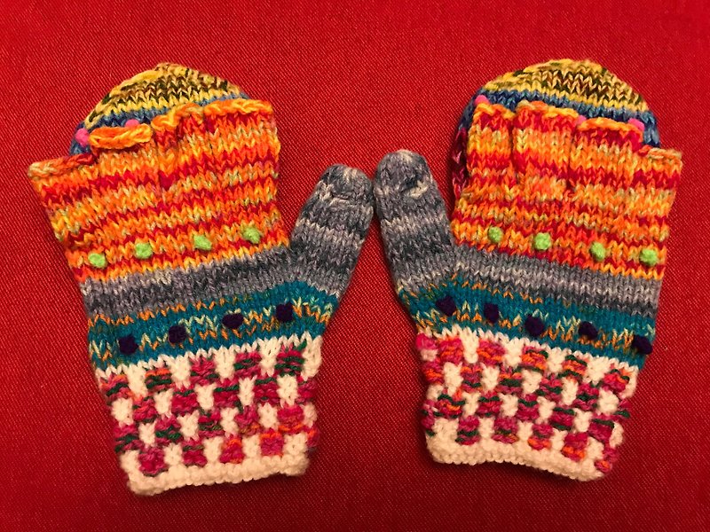 祕魯手工毛料蓋子手套-藍橘 - 手套 - 羊毛 多色