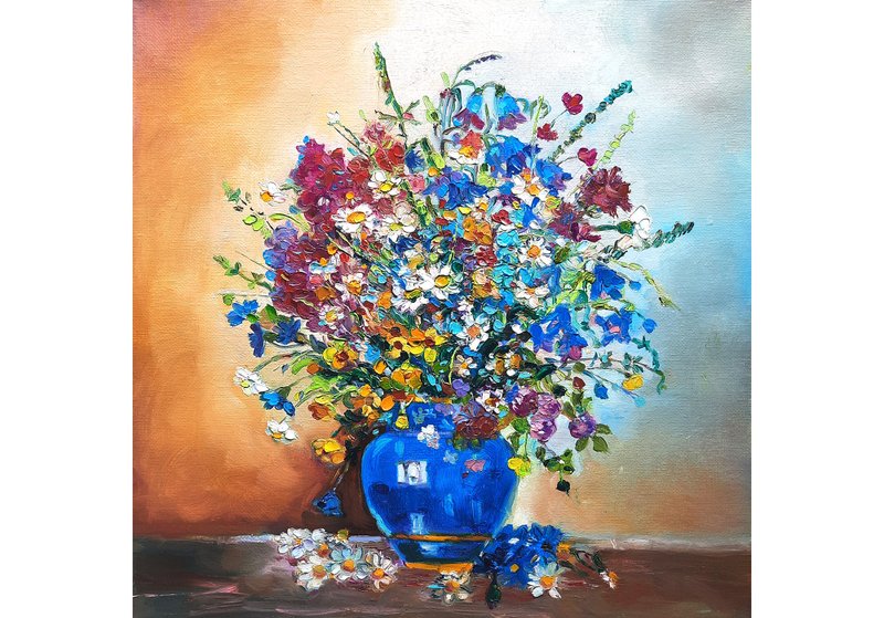 Bouquet in a Vase  Painting  Original Art  Oil Painting   Oil On Canvas 30by30sm - 壁貼/牆壁裝飾 - 其他材質 藍色