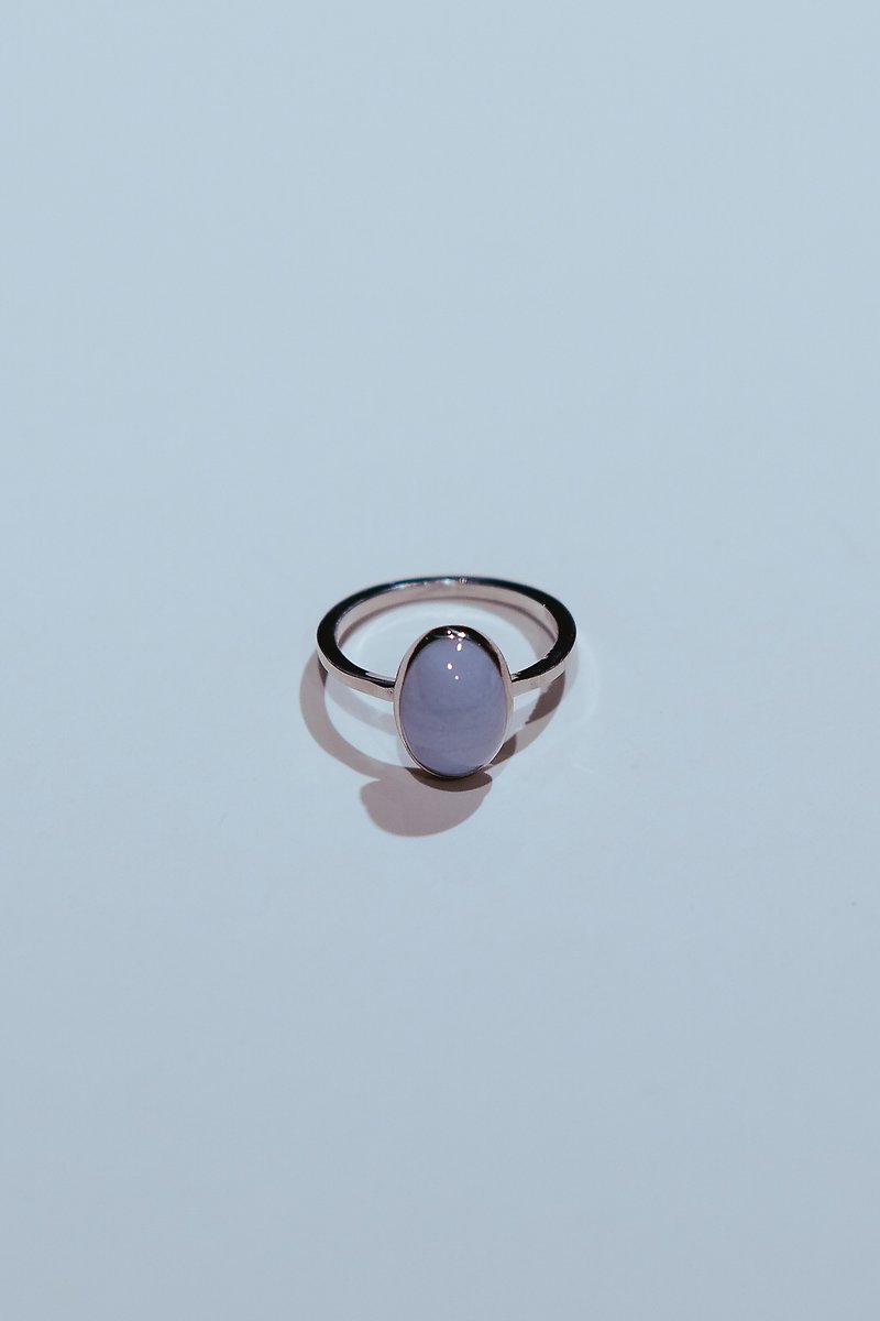 橢圓形系列-軟藍色花邊瑪瑙橢圓形簡單戒指 - 戒指 - 銀 銀色