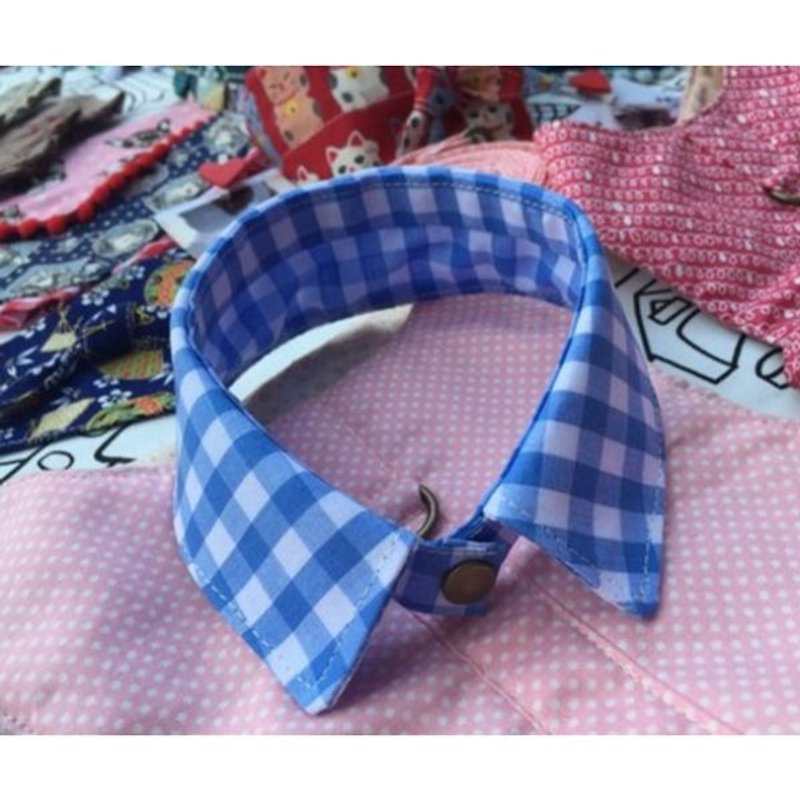 Among handmade 。pet necklace_skyblue_ plaid (large size) - Collars & Leashes - Cotton & Hemp Transparent