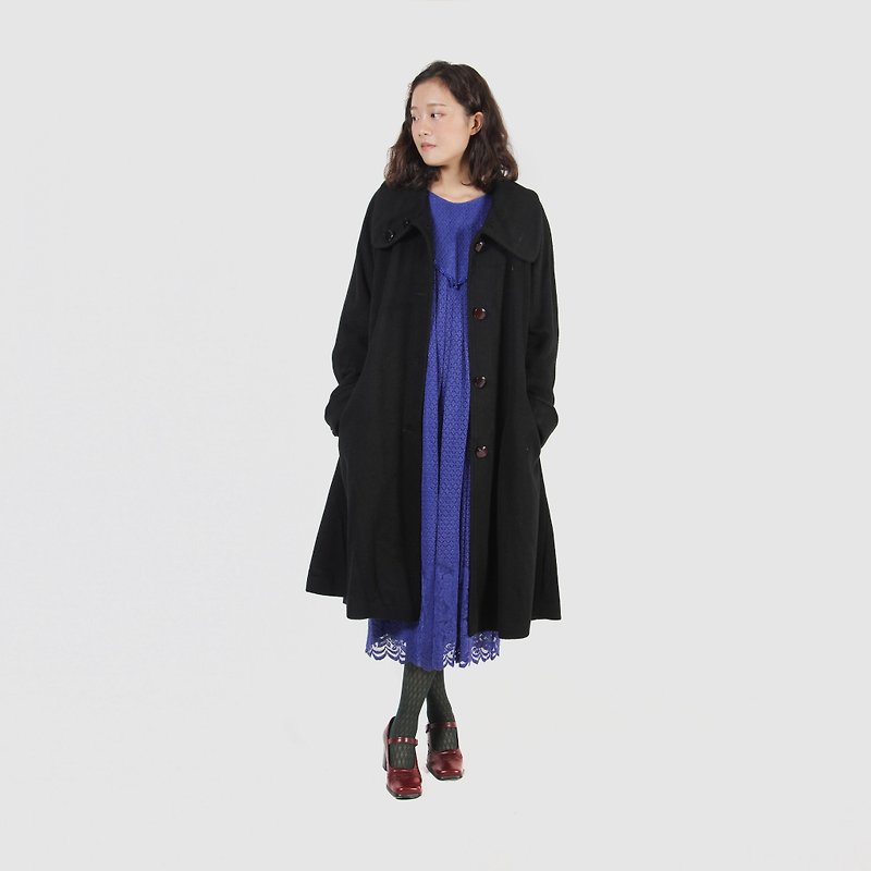 [Egg Plant Vintage] 100% Kashmir wool top fabric umbrella-shaped vintage coat - Women's Casual & Functional Jackets - Wool Black