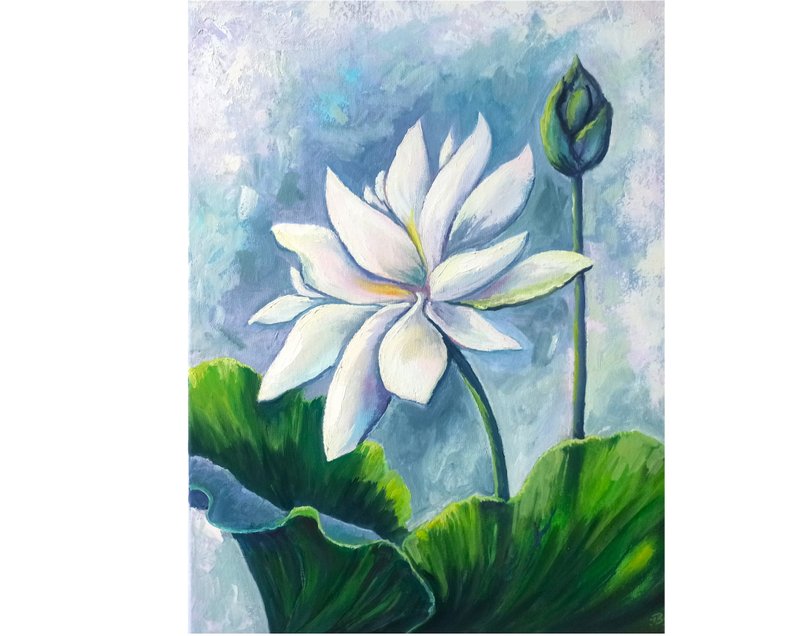 Lotus painting Flower Original Art Lotus Oil Painting on Canvas Floral Arwork - 海報/掛畫/掛布 - 其他材質 多色