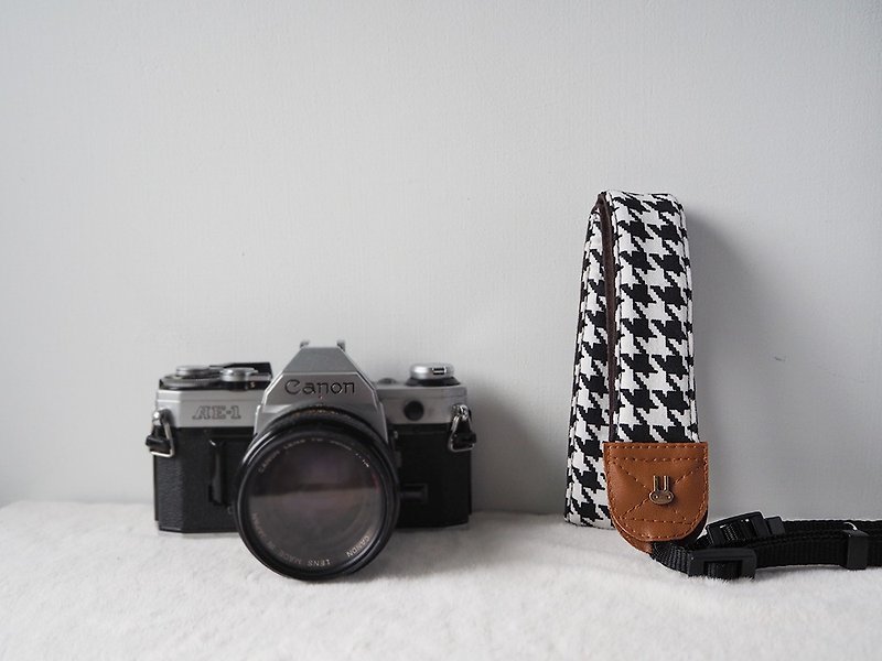 手作り伸張カメラストラップマニュアルカメラバックロープカメラストラップ（白黒千鳥パターン）S11 - パスケース - コットン・麻 ブラック