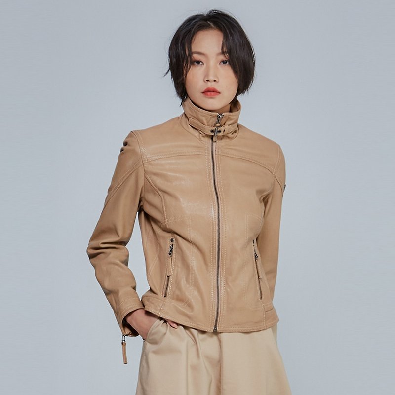 [Small flaws special offer] [Germany GIPSY] GWCardie lightweight supermodel lapel leather jacket - Khaki - เสื้อแจ็คเก็ต - หนังแท้ สีกากี