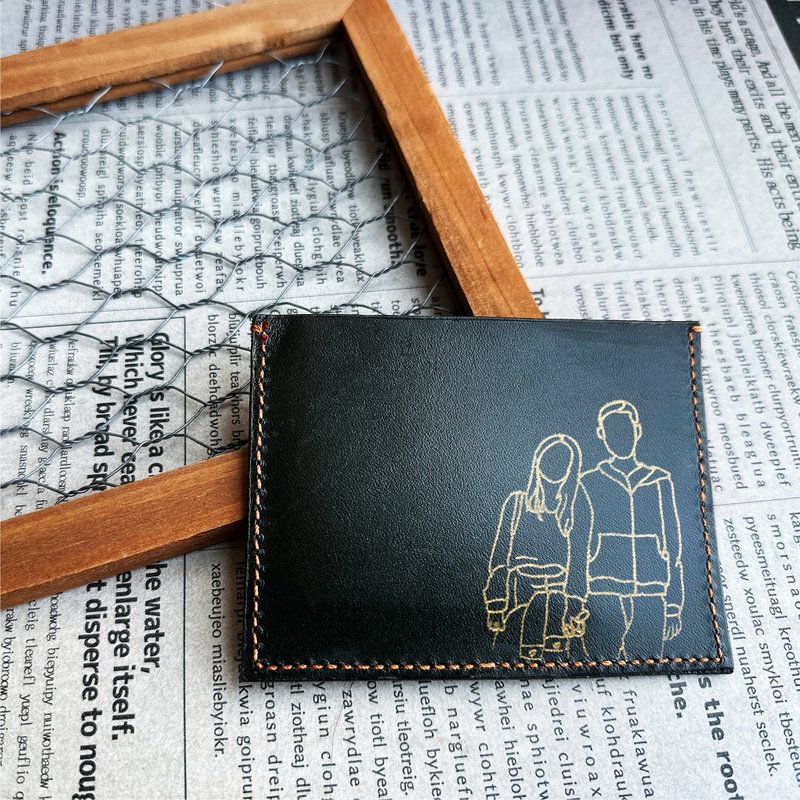 [Customized gift/Valentine's Day gift box] leather card holder bronzing portrait - Card Holders & Cases - Genuine Leather Green