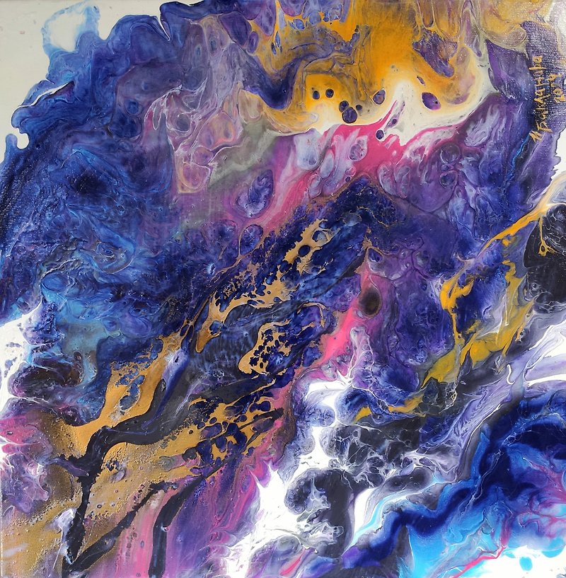 Purple Gold Blue Abstract Original Painting Fluid Acrylic Wall Art Vibrant Color - Wall Décor - Other Materials Purple