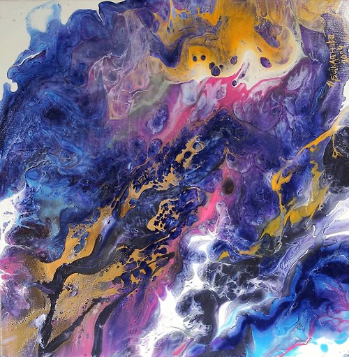 JoyArtUA 紫金藍色抽象原創繪畫流體壓克力牆藝術鮮豔的色彩