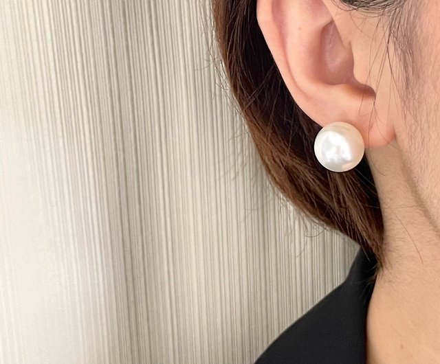 存在感時尚澳白南洋珍珠10mm大粒珍珠耳環18K白真金耳環- 設計館Lune