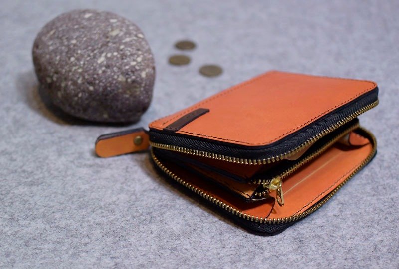 YOURS zipper three short clip +6 card bag bright orange leather - กระเป๋าสตางค์ - หนังแท้ 
