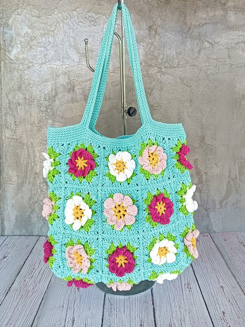 Granny Square flowers woven bag - 手提包/手提袋 - 棉．麻 